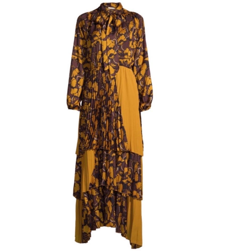 BEATRICE B - PLEATED COLORBLOCK FLORAL MAXI DRESS